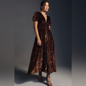 NWT by Anthropologie Burnout Velvet Dress in Brown Pattern
